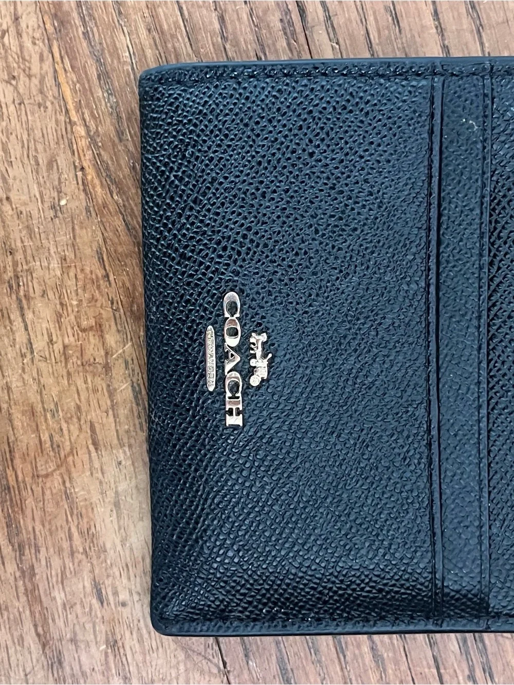 COACH Black Pebbled Leather Zip Card Wallet with Gold Logo
